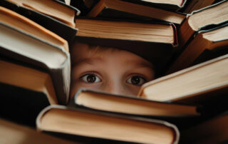 Child's eyes peeking through stacks of books