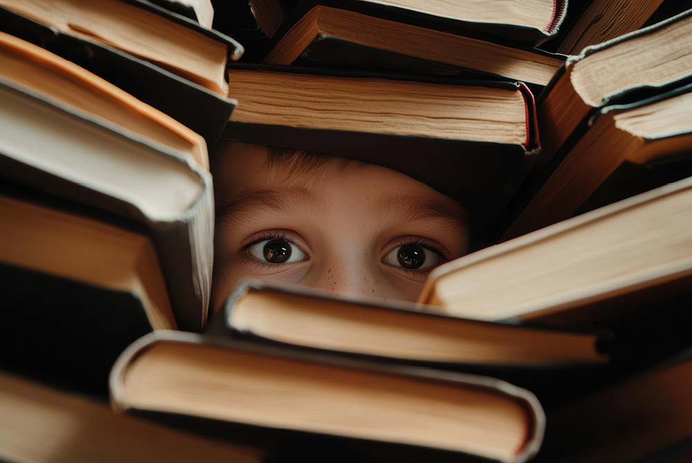 Child's eyes peeking through stacks of books