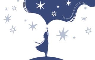 silhouette of woman reaching up to the star-filled sky