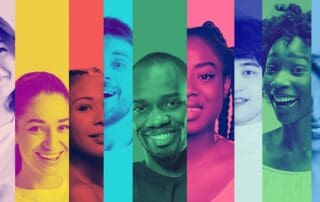 Colorful collage of smiling multiethnic people in vertical panels
