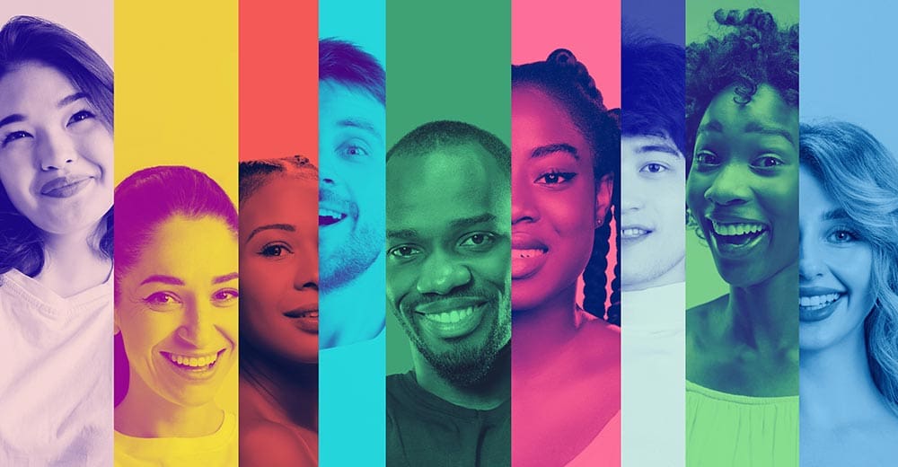 Colorful collage of smiling multiethnic people in vertical panels